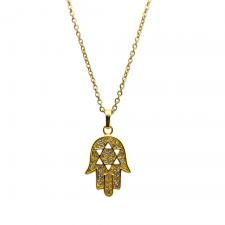 Stainless Steel Link Necklace with Hamsa Judaica Symbol Charm with stones