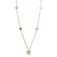 Stainless Steel Long Fashion Necklace in Gold with Heart Shaped Opal Accents