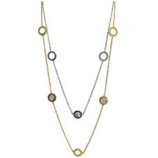 Stainless Steel Double Chain Two-Tone Fashion Necklace with Silver and Gold Opal Circular Accents
