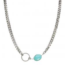 Stainless Steel Cuban Link Necklace w/ Faux Turquoise Bead Pendant