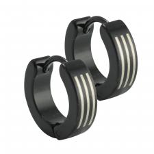 Black Stainless Steel with Silver Stripes Huggie Earrings
