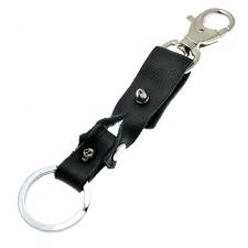 Metal Keychain / Keyring with Black Leather Strap and Small Skull Stud
