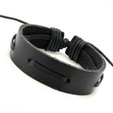Black Leather Bracelet with Horizontal Design and Adjustable Strap