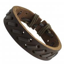 Brown Leather Bracelet with Diagonal Pattern and Adjustable Strap