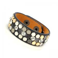 Leather Cuff Bracelet with Ebony Tone Texture and Colored Rivets