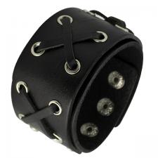 Black Leather Bracelet with X Design