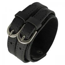 Relaxed Black Leather Bracelet with Double Buckle 