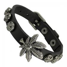 Black Leather Bracelet with Marijuana Charm 