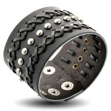 Black Leather Bracelet with Woven and Rivets