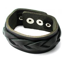 Stylish Black Leather Bracelet w/ Center Braid Design