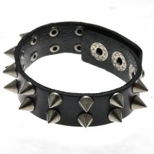 Black Leather Bracelet w/ Double Rows of Silver Toned Spike Studs