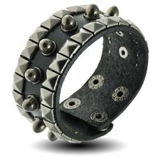 Black Leather Cuff Bracelet with Pyramid Stud Design 