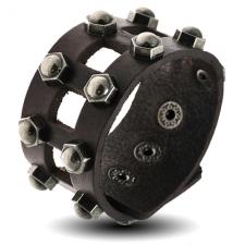 Black Leather Cuff Bracelet w/ Hex Nut Studs and Square Cutouts