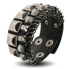 Black Leather Bracelet w/ Ancient Silver Toned Square Shaped Studs and Fastened Hoops