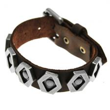 Brown Leather Bracelet w/ Ancient Silver Tone and Brass Colored Hexagon Studs