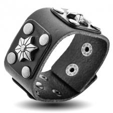 Black Leather Bracelet with Star Rivets