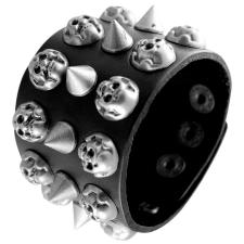 Black Leather Cuff Bracelet Designed with Spikes and Embossed Skull and Crossbones