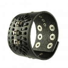 Black Leather Bracelet with Three Skulls