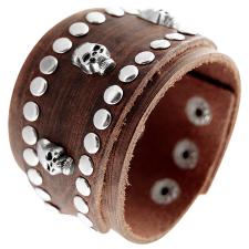 Distressed Brown Studded Leather Cuff Bracelet with Skull Rivets