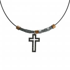 Black Cord Necklace with Stainless Steel Black CZ Stone Cross