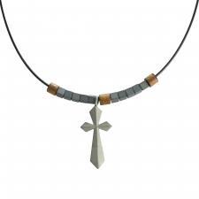 Black Cord Necklace with Stainless Steel Stones and Cross