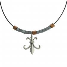 Black Cord Necklace with Stainless Steel Stones and Fleur De Lis