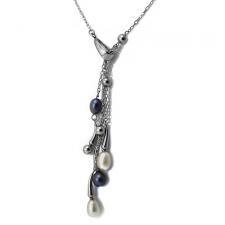 Stainless Steel Necklace w/ Hanging Pendant and River Pearl Accents