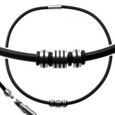 Black Rubber Necklace w/ Stainless Steel Closure and Striped Barrel Charms