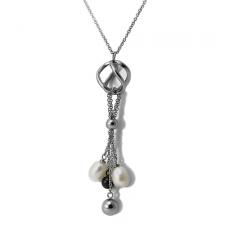 Stainless Steel Necklace w/ Hanging Pendant and River Pearl Accents 