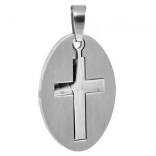 Stainless Steel Oval Shaped Two Part Cross Pendant 
