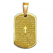 Stainless Steel Gold PVD Padre Nuestro Prayer Dog Tag Pendant