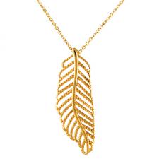 Gold PVD Coated Oval Link Necklace with Cutout Feather Pendant