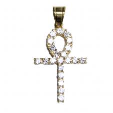 Stainless Steel Gold PVD Jeweled Encrusted Ankh Symbol Pendant