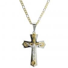 Stainless Steel Two Tone Necklace with Cross Pendant