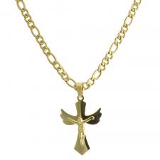 Stainless Steel Gold PVD Chain with Feather Cross Pendant