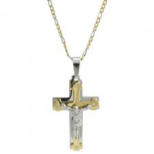 Stainless Steel Two Tone Necklace with Cross CZ Pendant