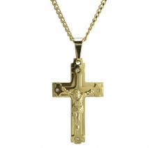 Stainless Steel Gold PVD CZ Cross Pendant w/ Curb Necklace