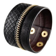 Black Synthetic Leather Bracelet with Zipper and Snake Skin Design