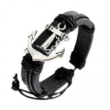 Black Leather Bracelet w/ Silver Tone Anchor Charm