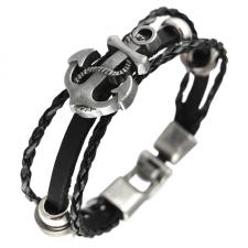 Black PU Leather Braided Rope Bracelet with Ancient Silver Tone Anchor Charm And Beading