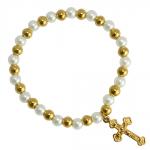 White and Gold Beaded Bracelet with Cross