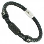 Black Braided Leather Bracelet w/ Carbon Fiber Barril Accent