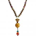 Wood Beaded Necklace with Colorful Ball Flower Pendant