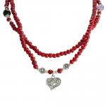 Red Wood Beaded Necklace with Heart Pendant