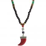 Black Wood Beaded Necklace with Red Tusk Pendant