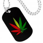 Black Dog Tag Pendant with Pot Leaf Design and Fashion Beaded Necklace
