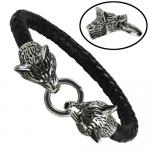 Black Braided Leather bracelet with Stainless Steel Wolf Head