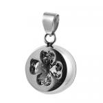 Stainless Steel Cylindrical Pendant with Clear Jeweled 4 Leaves Clover