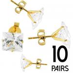 10 Pairs Stainless Steel GOLD PVD Stud Earrings with Clear Square CZ Stone
