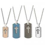 Stainless Steel Dog Tag Pendant With Centered CZ Cross And Sandblast Edges